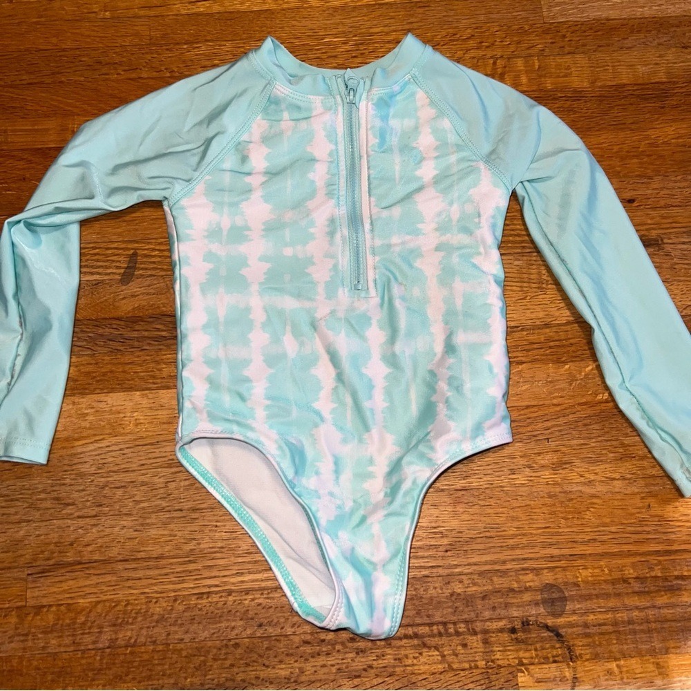Wonder Nation‎ Girls 3T Sea Foam Green White Long Sleeve Zip Beach Swimsuit